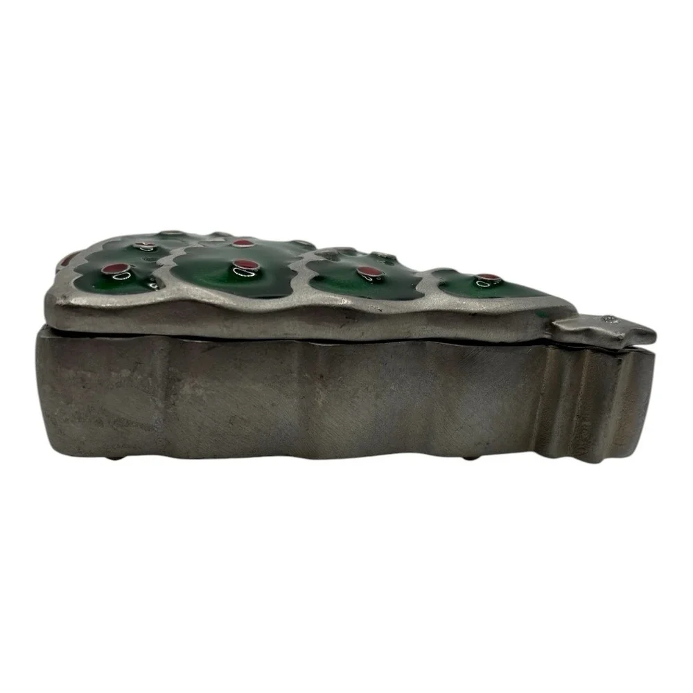 Christmas Tree Trinket Box Green Enamel Cast Metal Holiday Keepsake Gift Decor